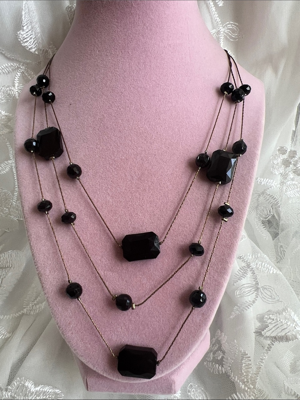 Black Multi-Strand Faceted Glass Bead Necklace - Women Jewelry